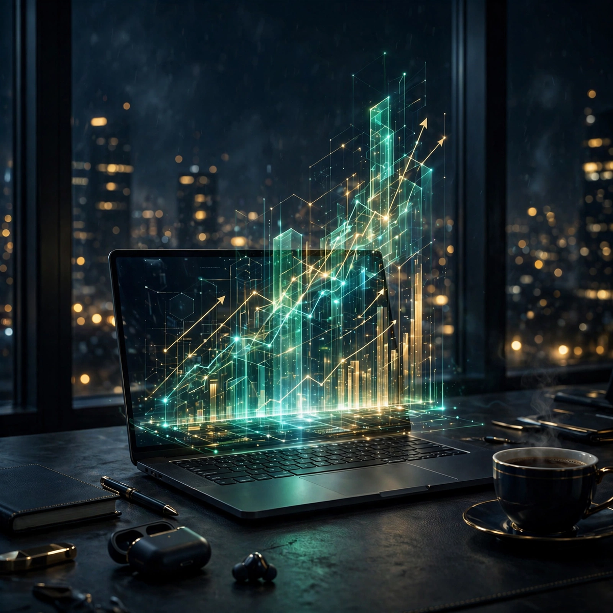 Everyday AI pack cover — executive desk at night with holographic growth charts