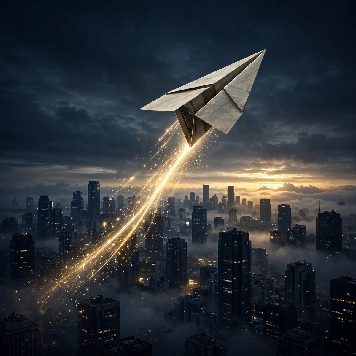 Start Here pack cover — dollar-bill paper plane launching over the financial district at dawn